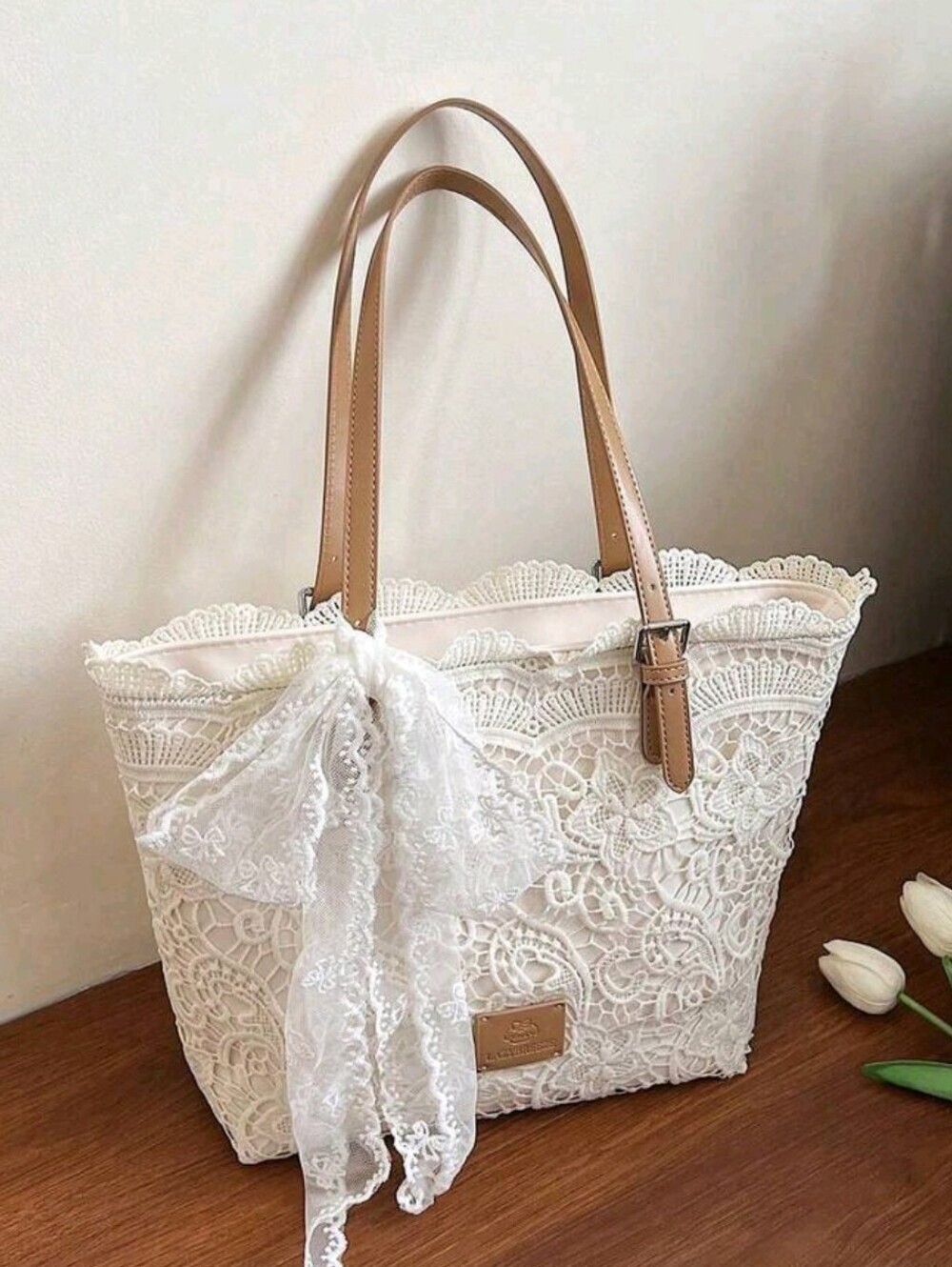 Lace Tote Bag with Tan Handles - Elegant Women’s Handbag